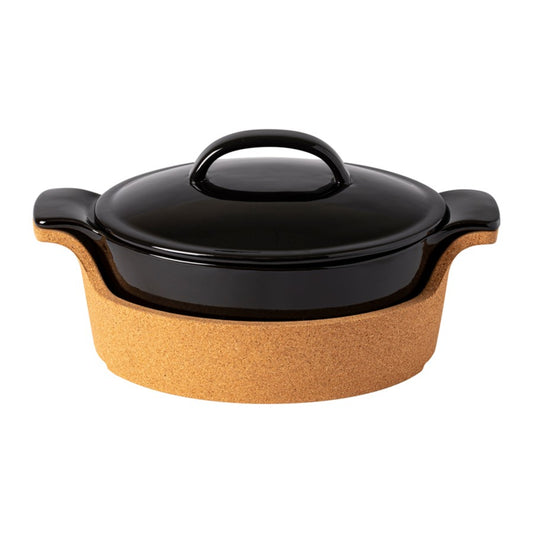 Oval covered casserole w/cork tray - 30cm - black